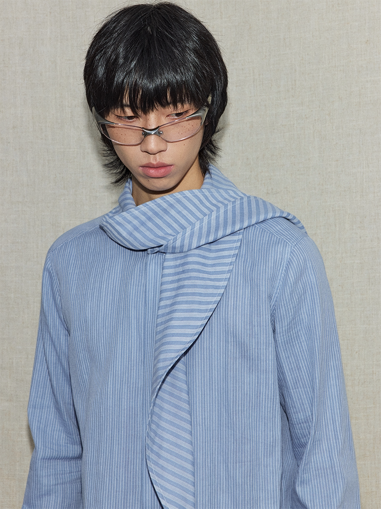 Blue tie neck striped long sleeve shirt