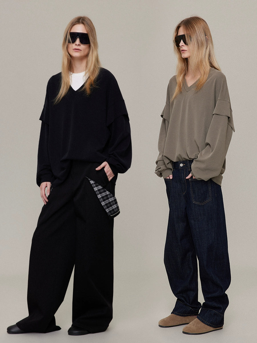 V-neck double sleeve T-shirt