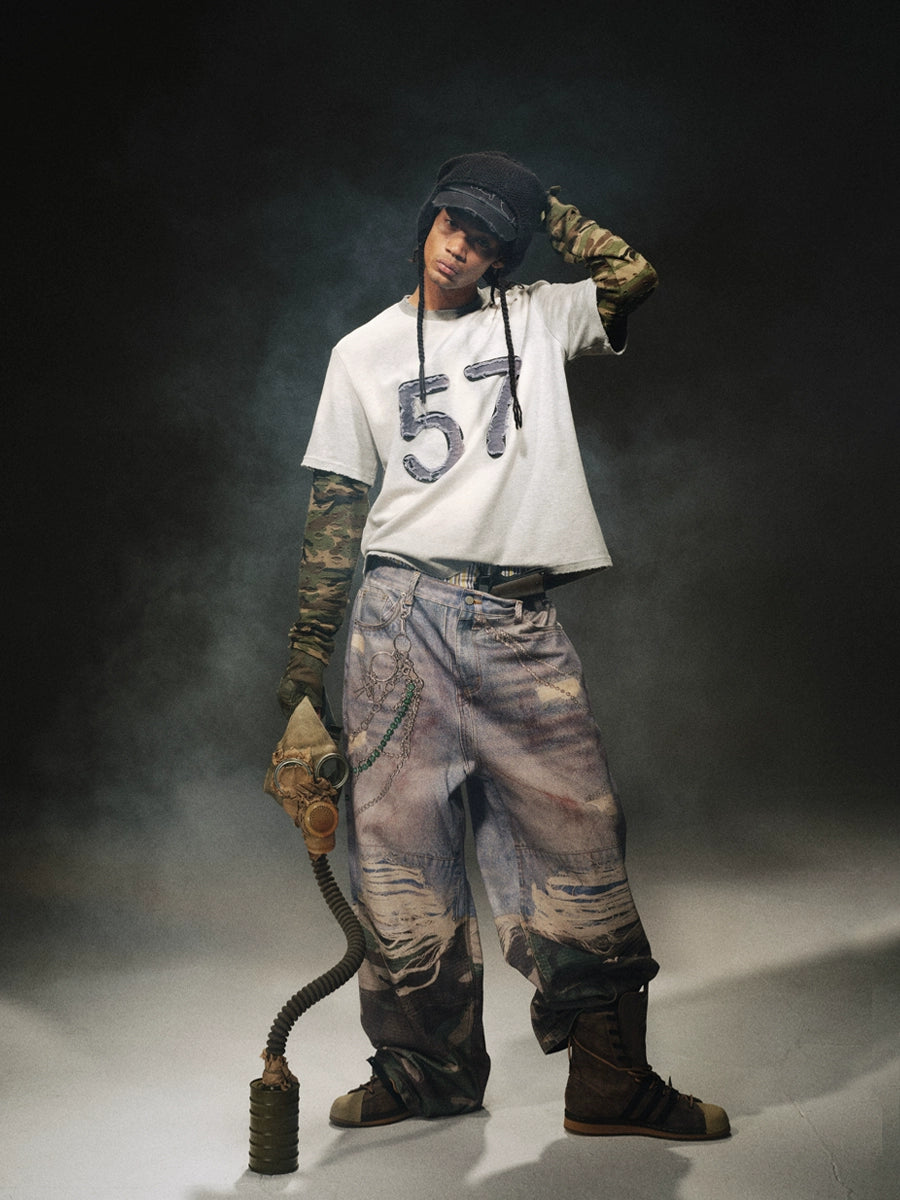 3D Print Camouflage Layered Jeans