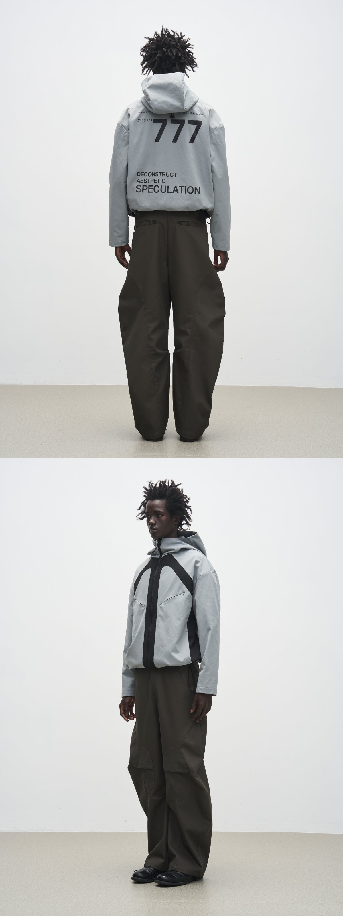 777 Organizing' two-tone patchwork softshell hooded jacket