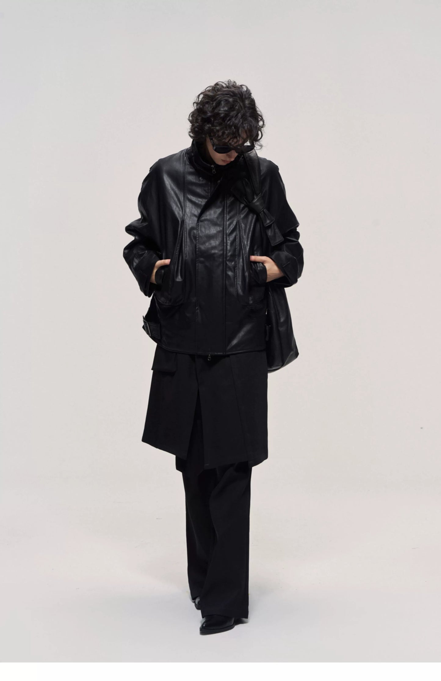 Washed Stand-Collar Leather Jacket