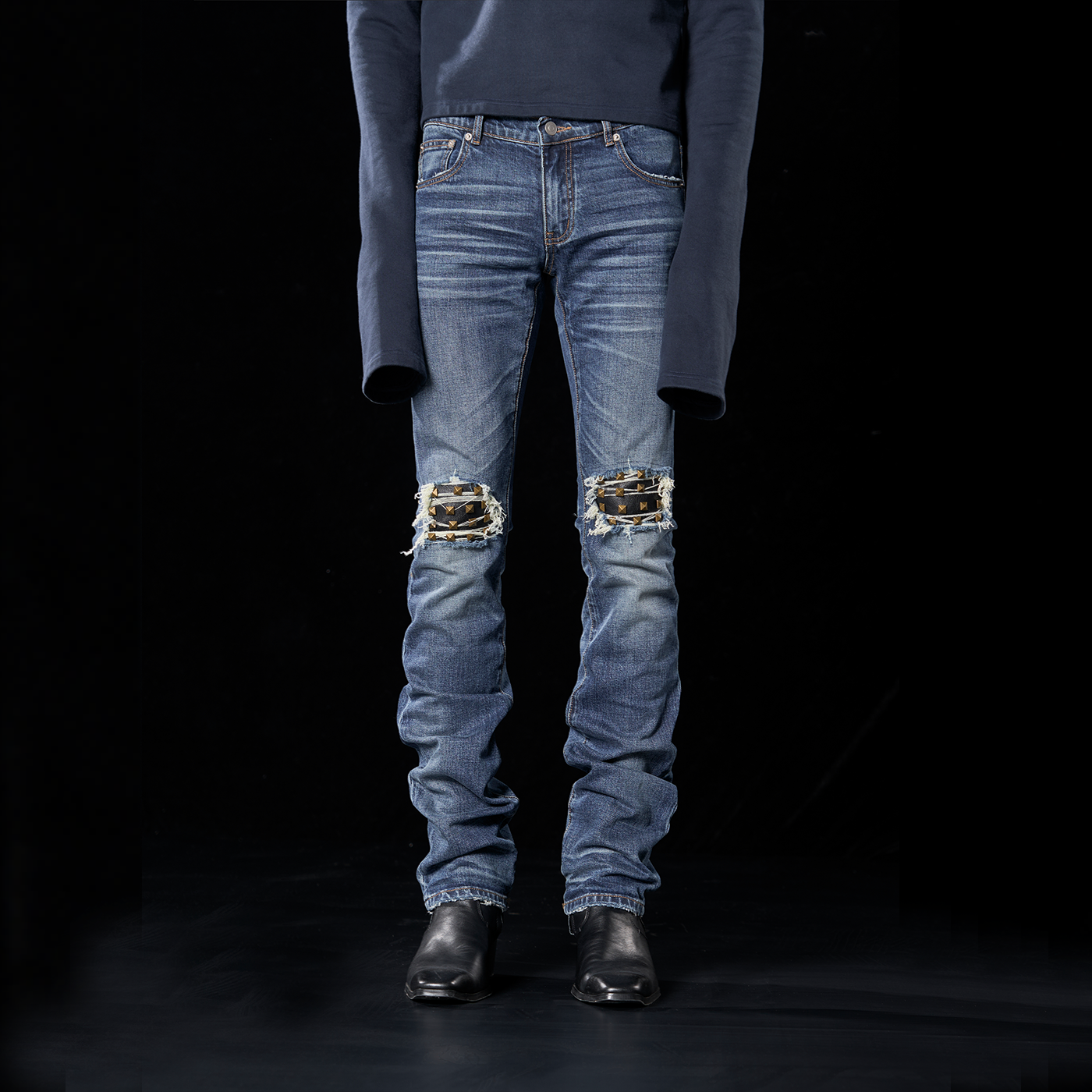 leather rivet slim fit jeans
