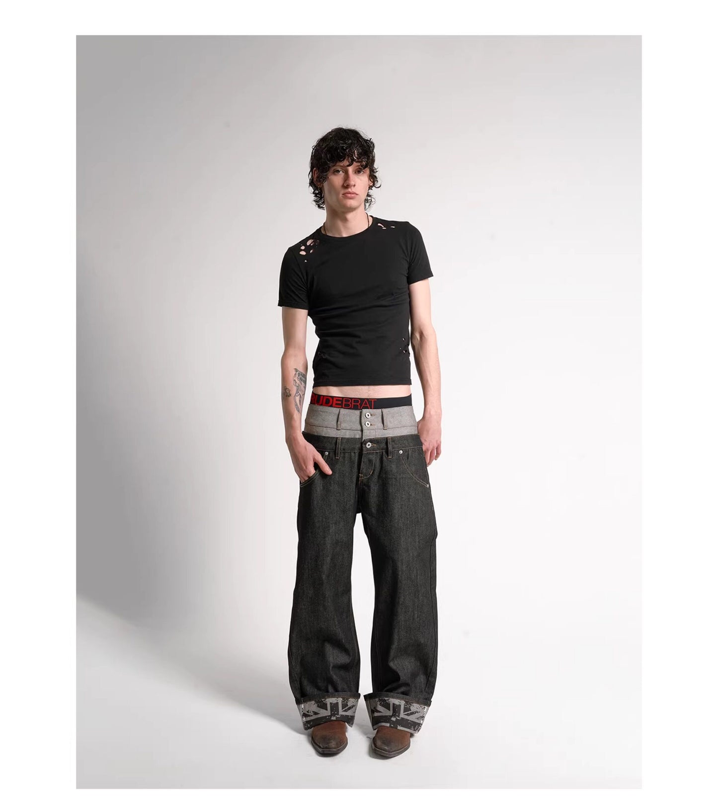 Double waist cuffed straight jeans