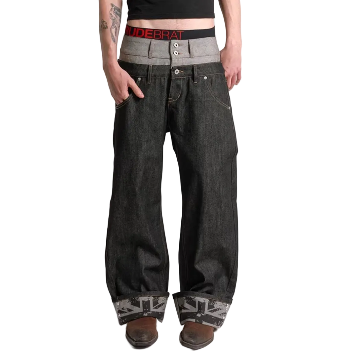 Double waist cuffed straight jeans