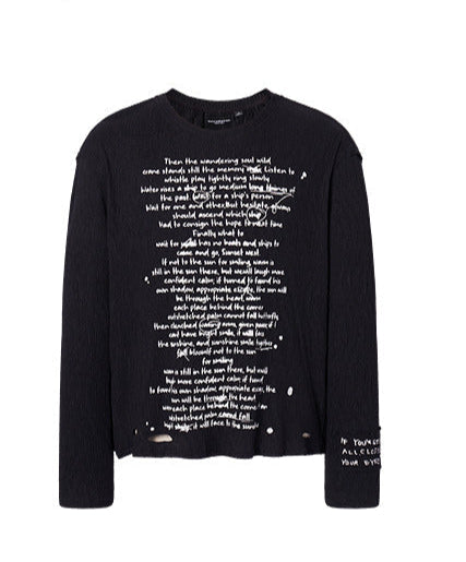 Pleated letter slogan long sleeve T-shirt