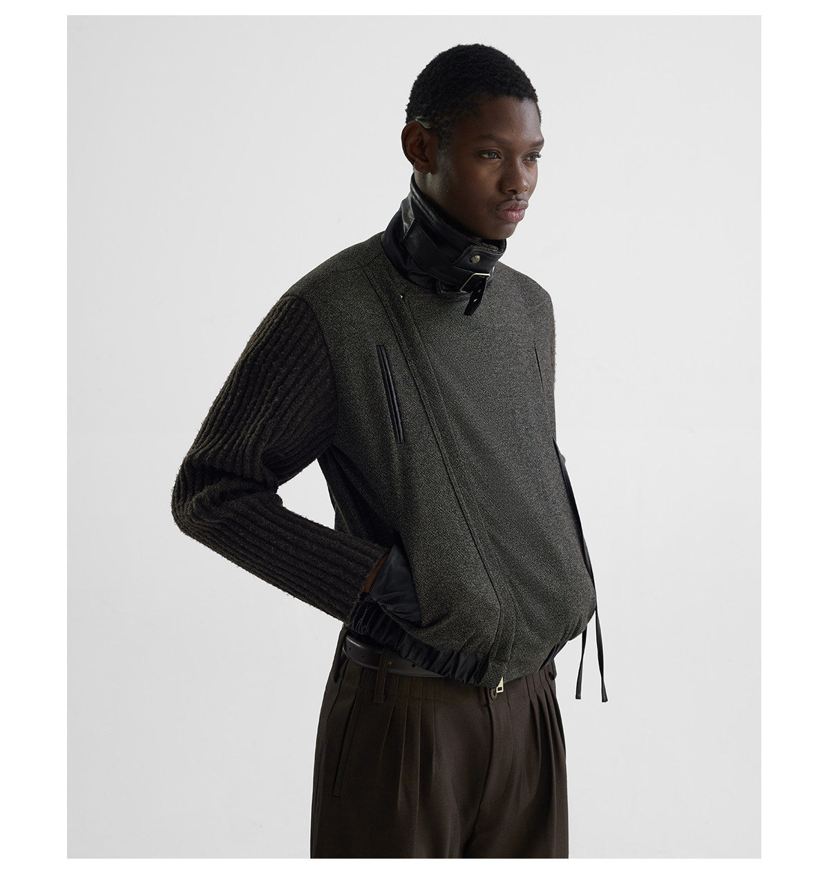 Floral Tweed Slanted Leather Cord Jacket