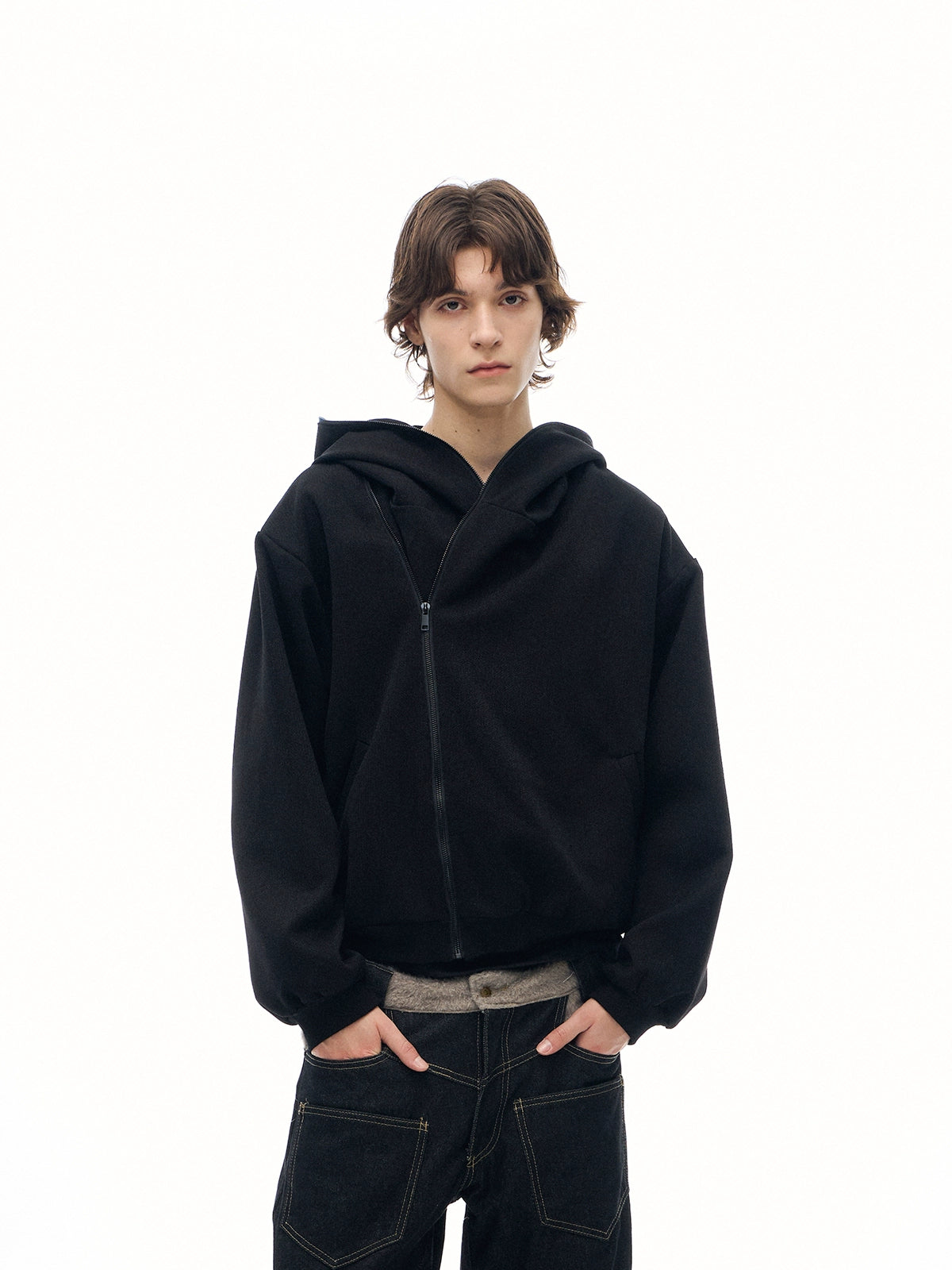 "Mystery Palace" grit linen brown reversible layered jacket
