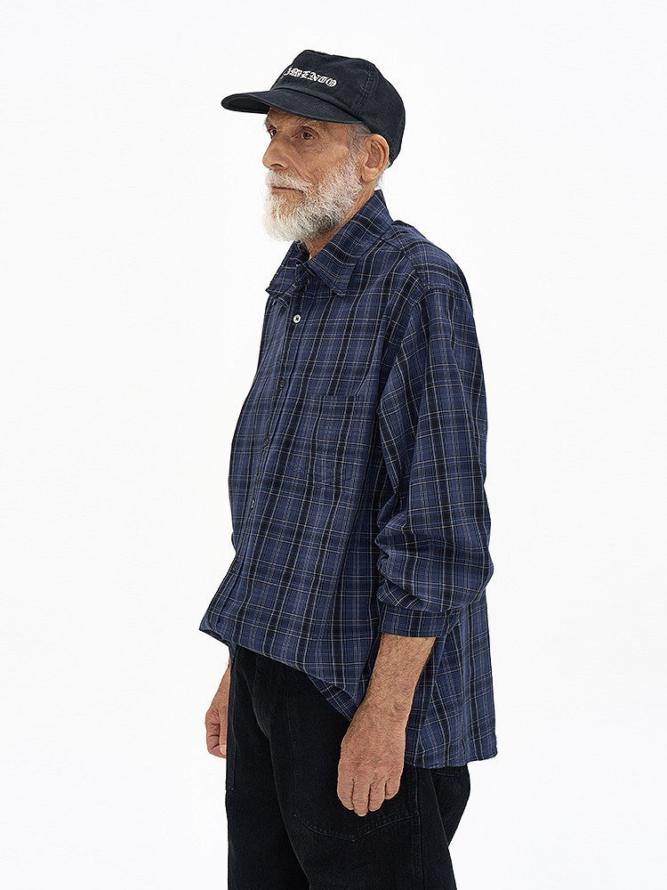 Washed plaid long-sleeved shirt