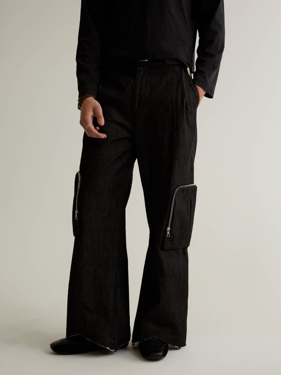 Zip pocket raw denim cargo pants