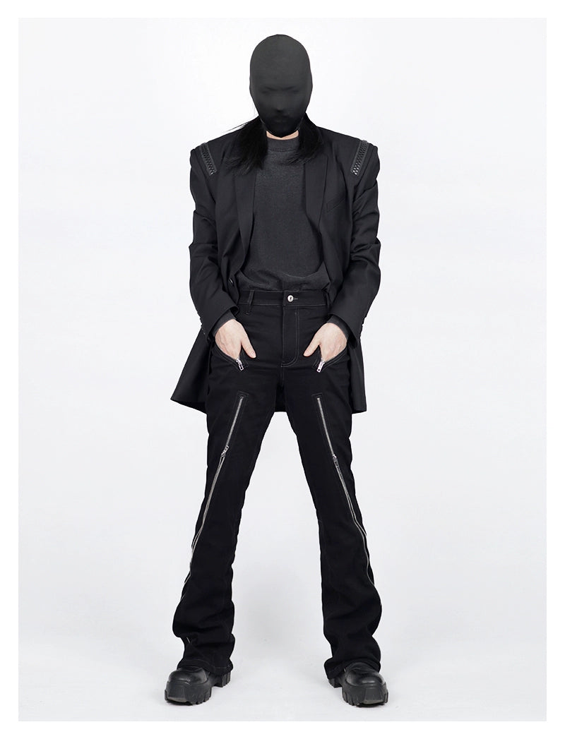 washed slim zipper flared trousers