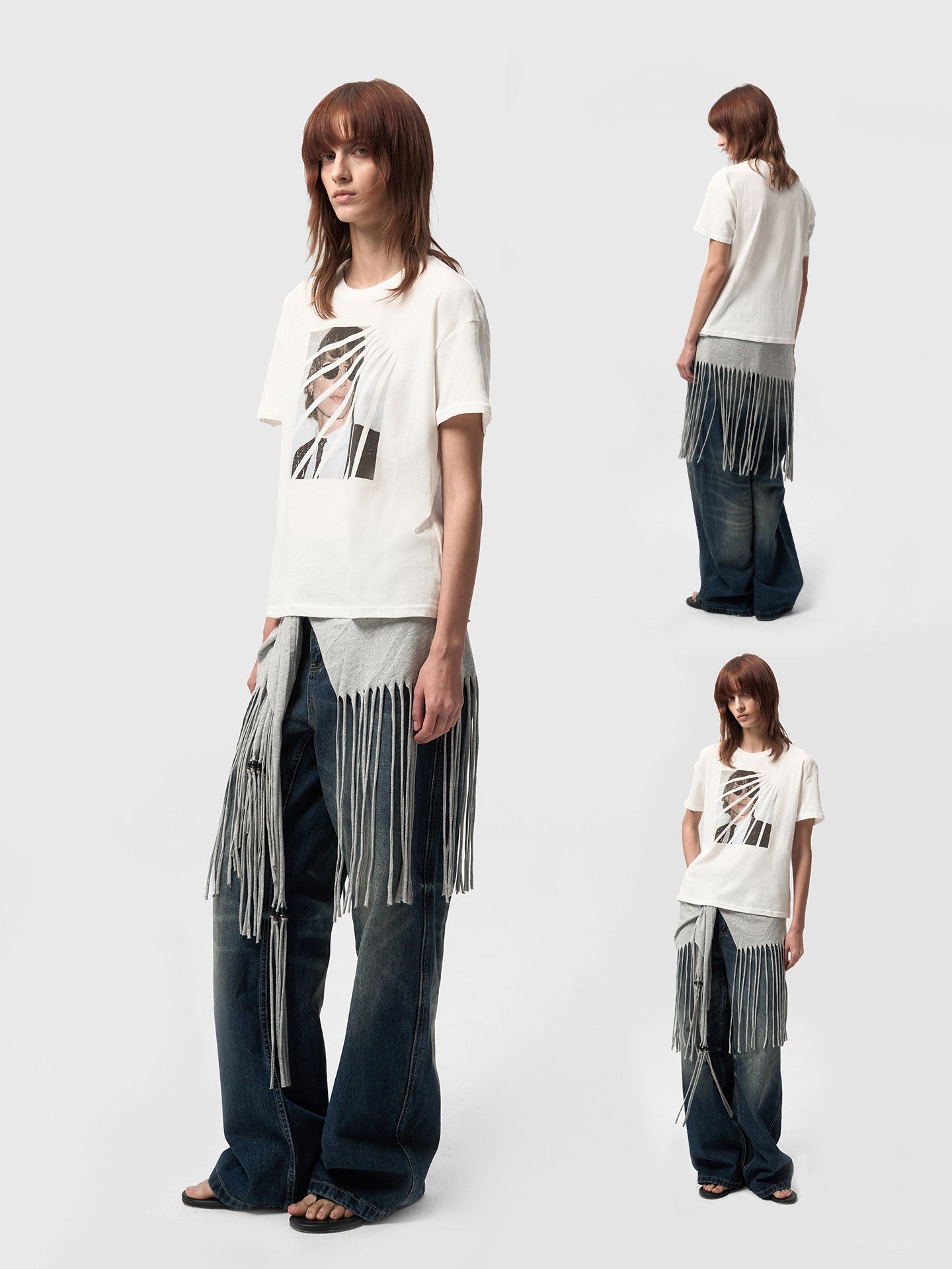Aged white linen cotton short-sleeved printed T-shirt
