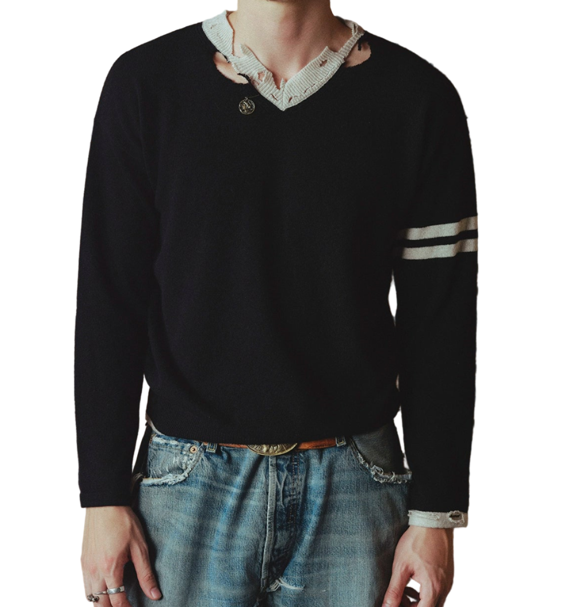 Brass Ancient Coin V-Neck Pure Wool Knit