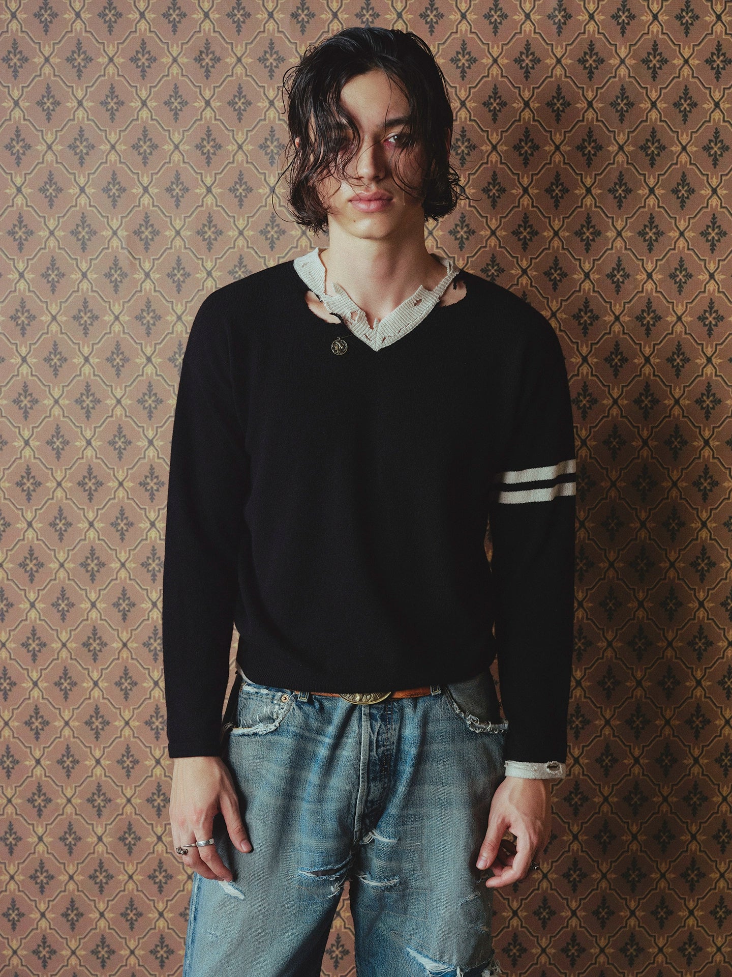 Brass Ancient Coin V-Neck Pure Wool Knit