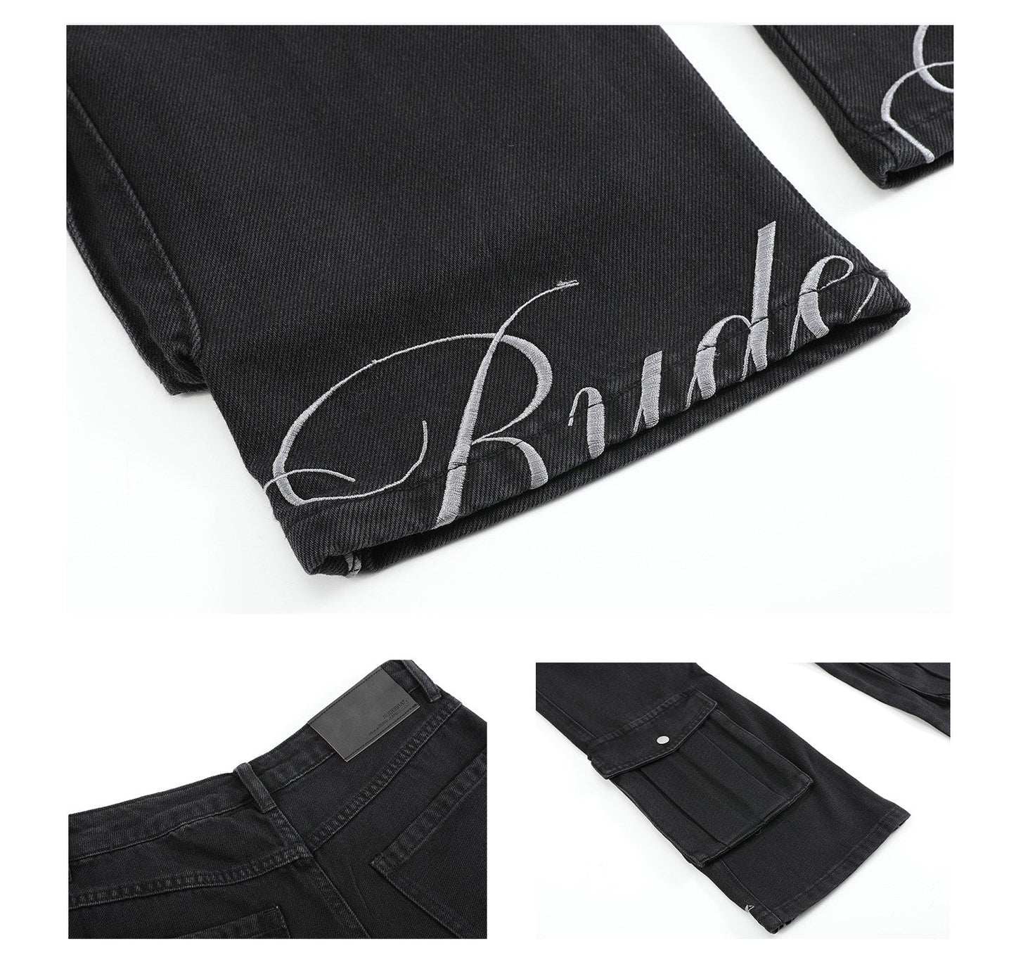 embroidered black distressed washed slim-fit bootcut denim overalls