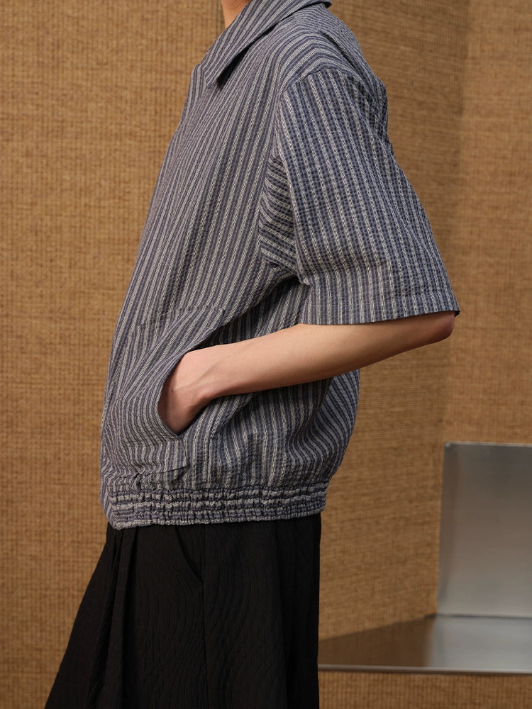 Bubble pleats curved stripe Short Sleeve Shirts