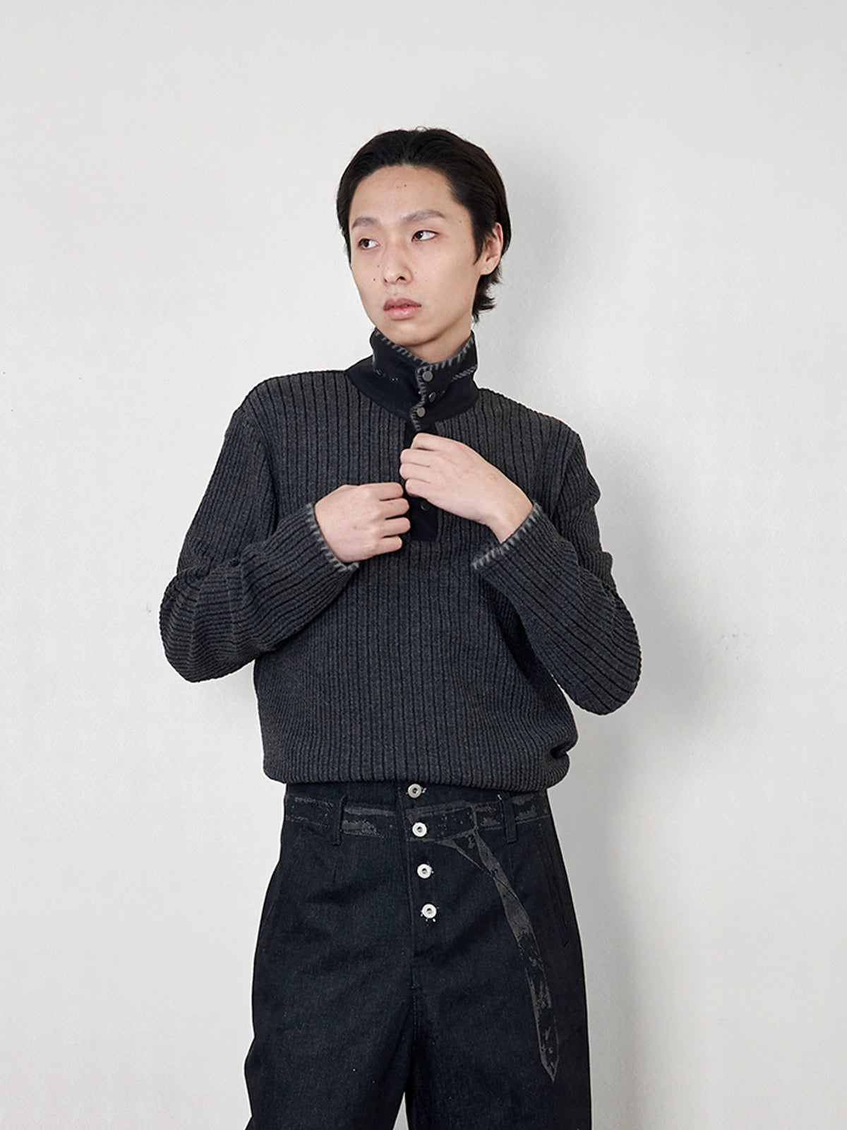 "Urhe" cable stripe stand collar pullover knit sweater