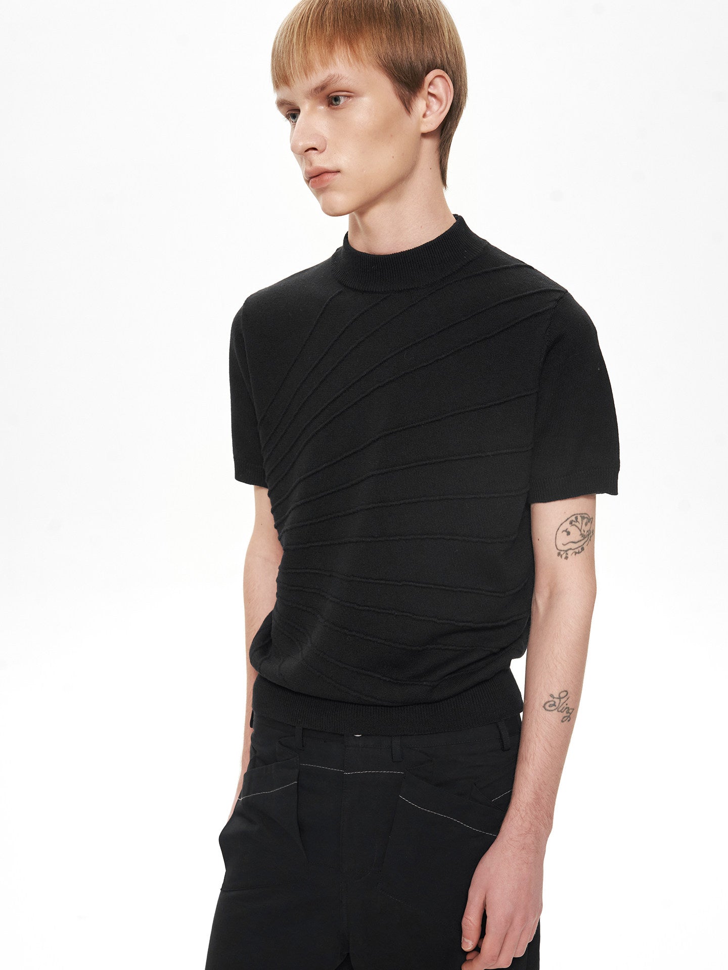 Sculptural Jacquard Mid Neck Short Sleeve Sweater