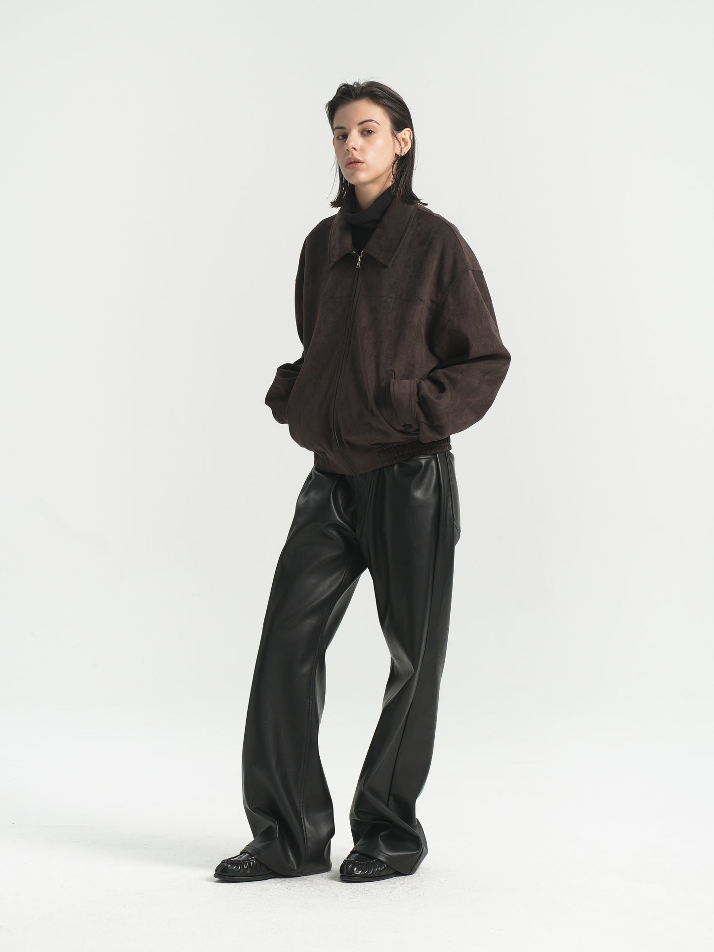 BOXY SUEDE WIDE LAPEL ZIP-UP JACKET