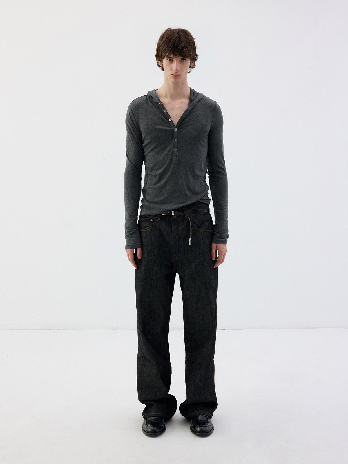 Hooded Henley Collar long-sleeve T-shirt