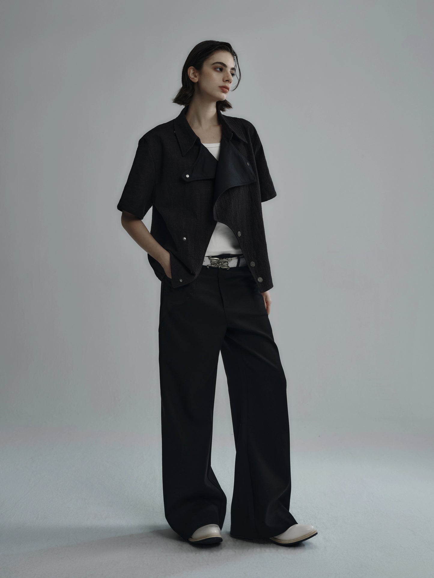 "Accumulation" linen multi-form short-sleeve shirt