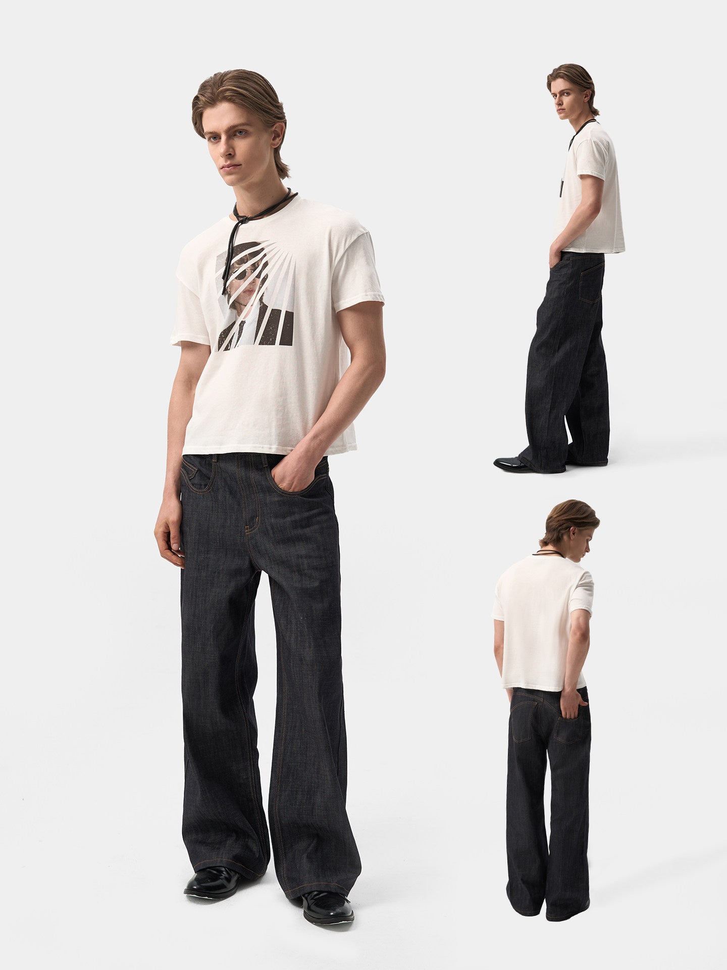 Aged white linen cotton short-sleeved printed T-shirt