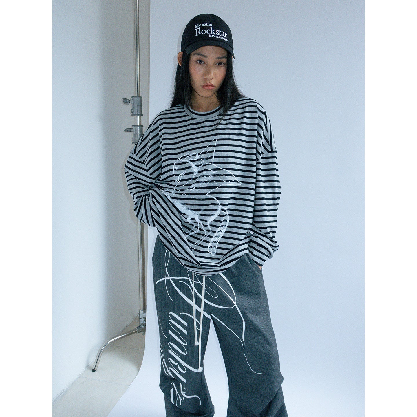 Pegasus print striped long-sleeved loose T-shirt