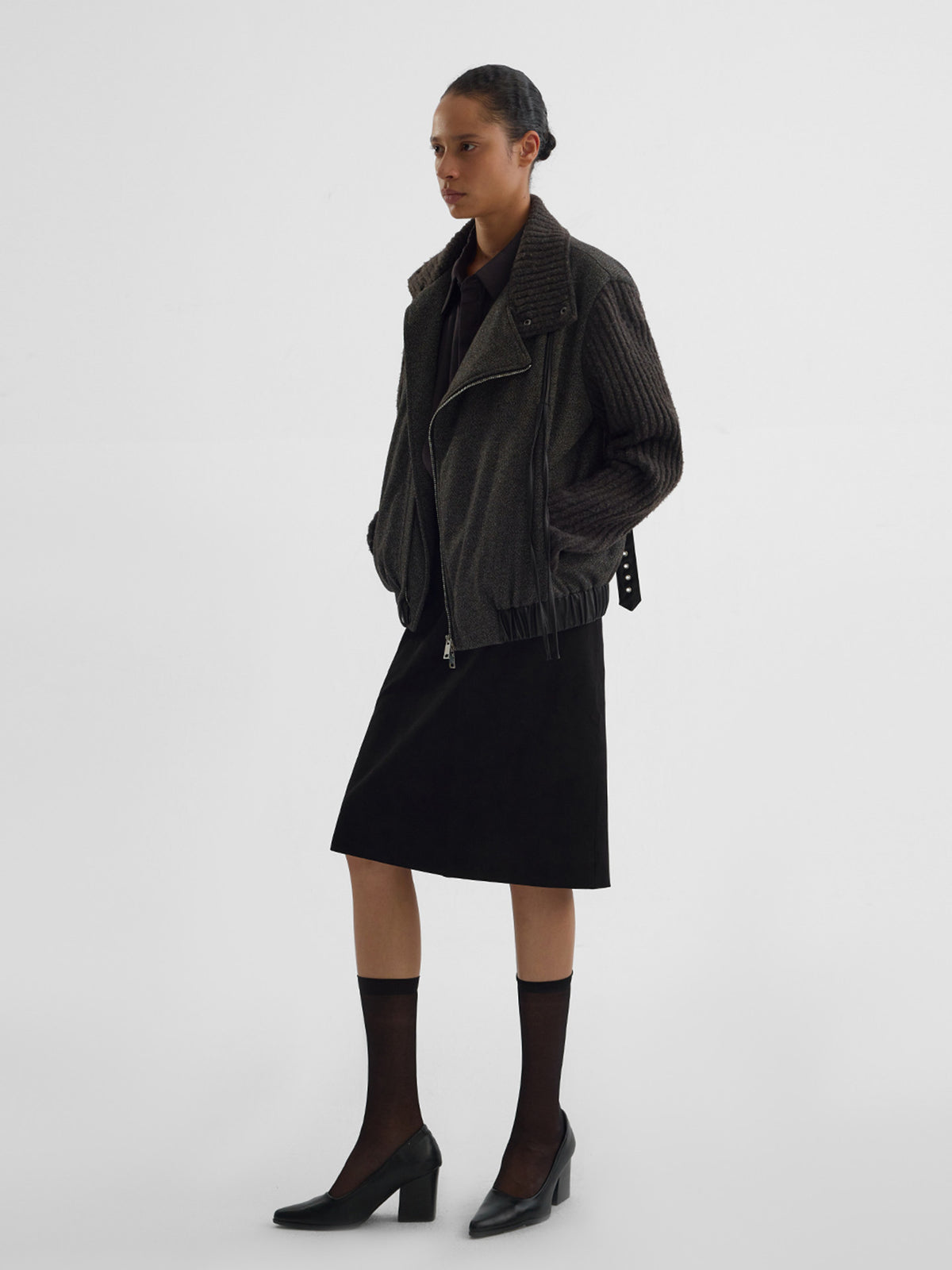 Floral Tweed Slanted Leather Cord Jacket