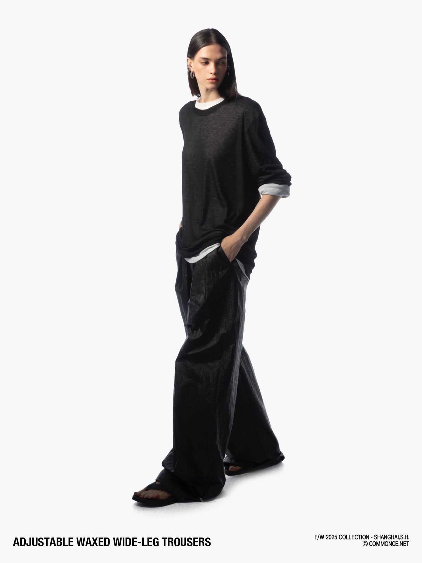 Drawstring elastic waist oil-coated wide-leg pants