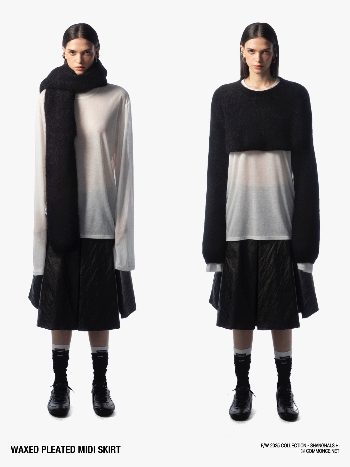 Oil-waxy coated pleated oversized skirt