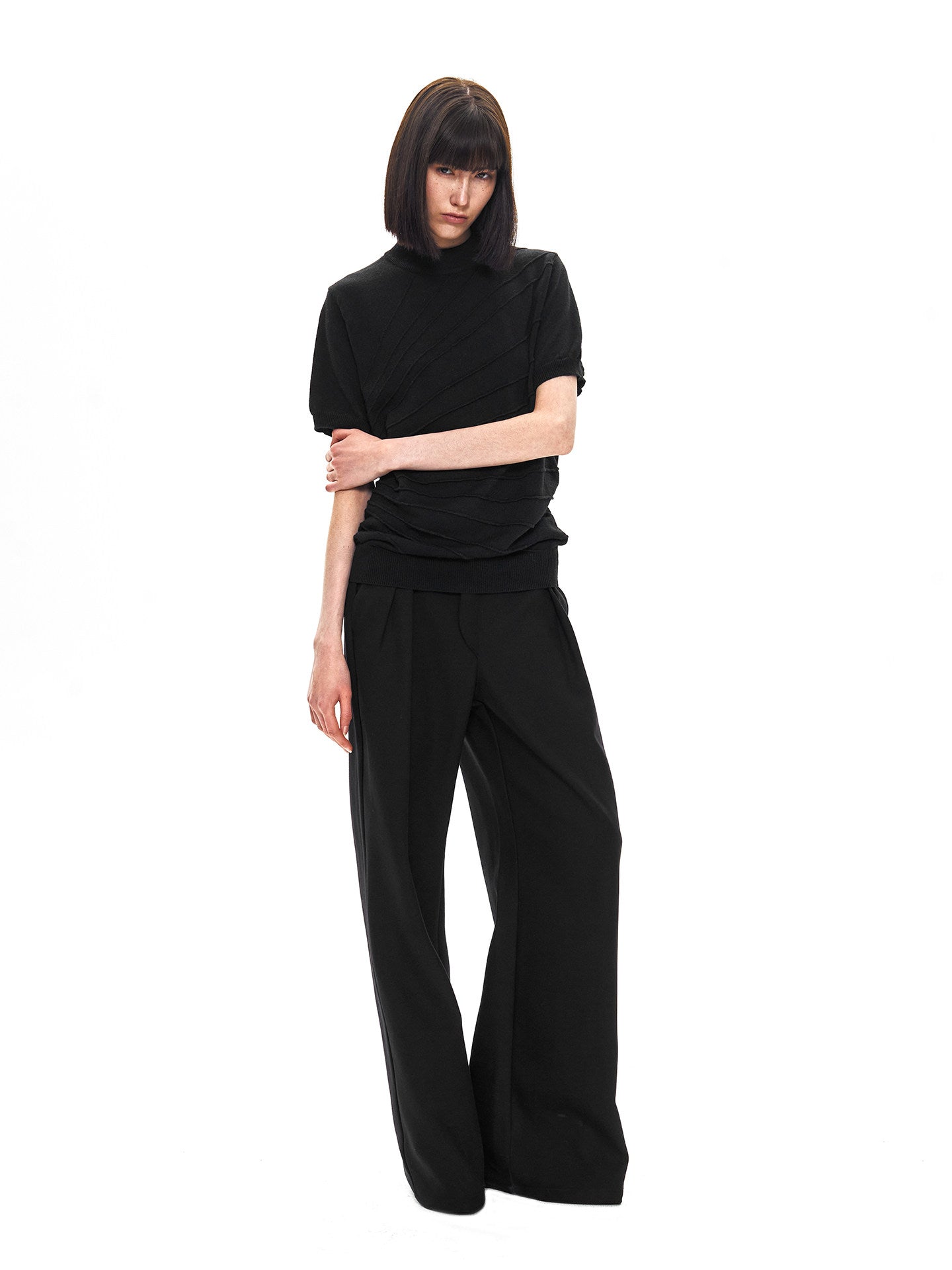 Sculptural Jacquard Mid Neck Short Sleeve Sweater