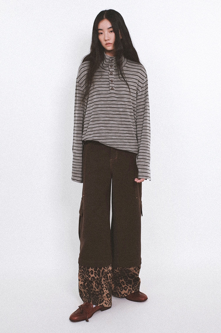 "Sunset Dusk" stand-up collar striped long-sleeved T-shirt