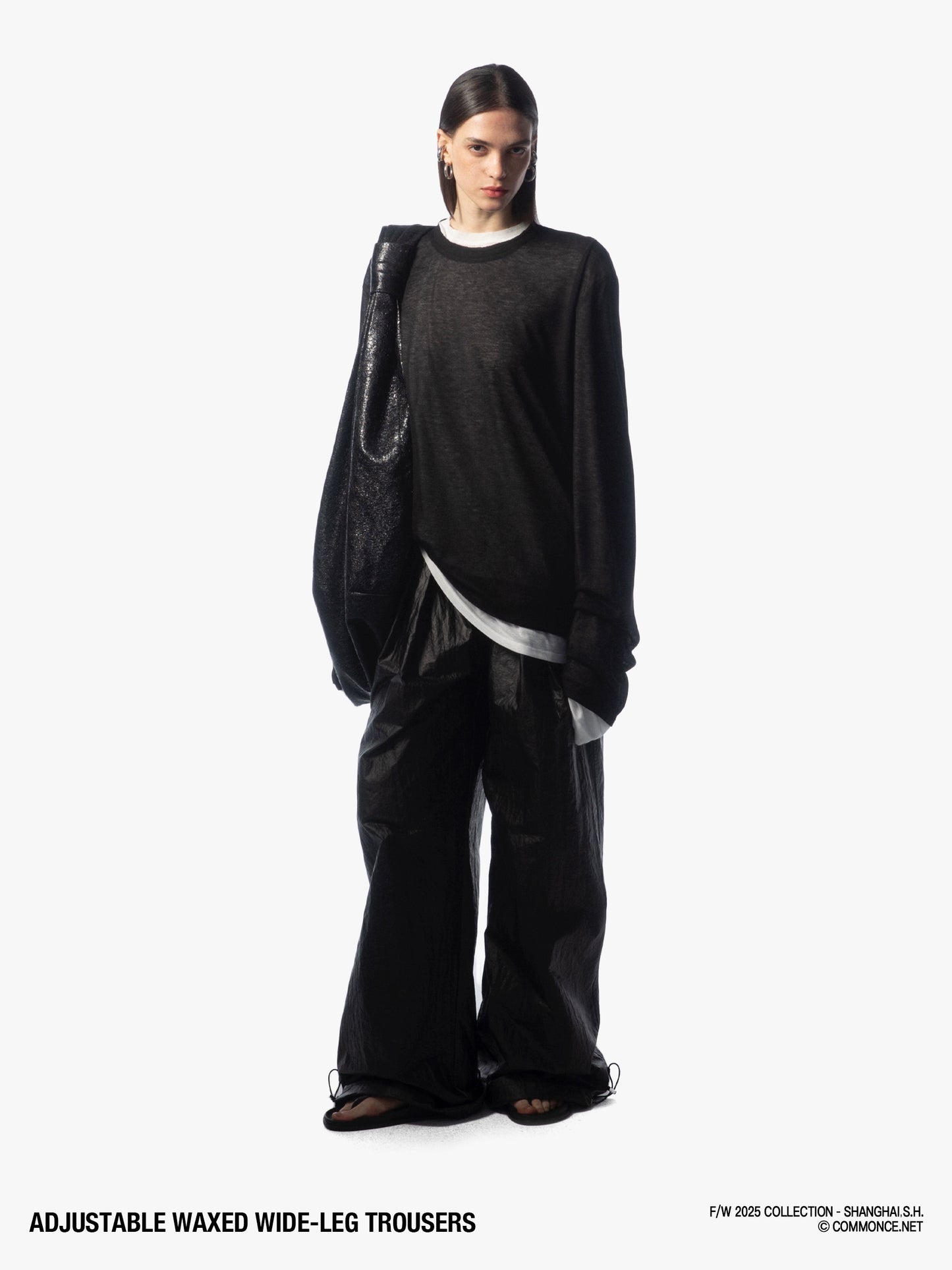 Drawstring elastic waist oil-coated wide-leg pants