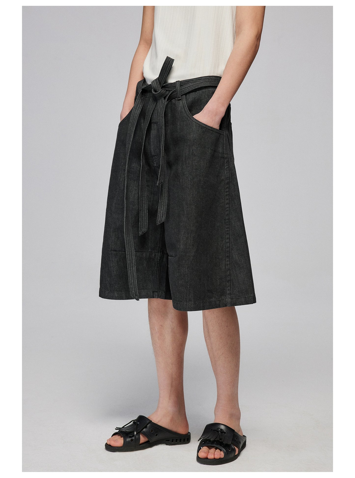 Double Belt Kendo Raw Denim Shorts