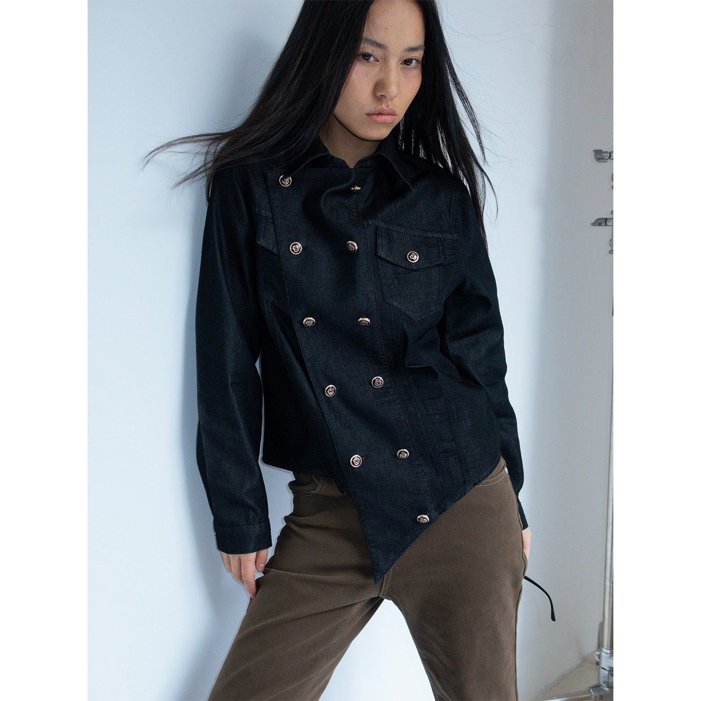 Irregular Hem Double-Breasted Shirt Jacket