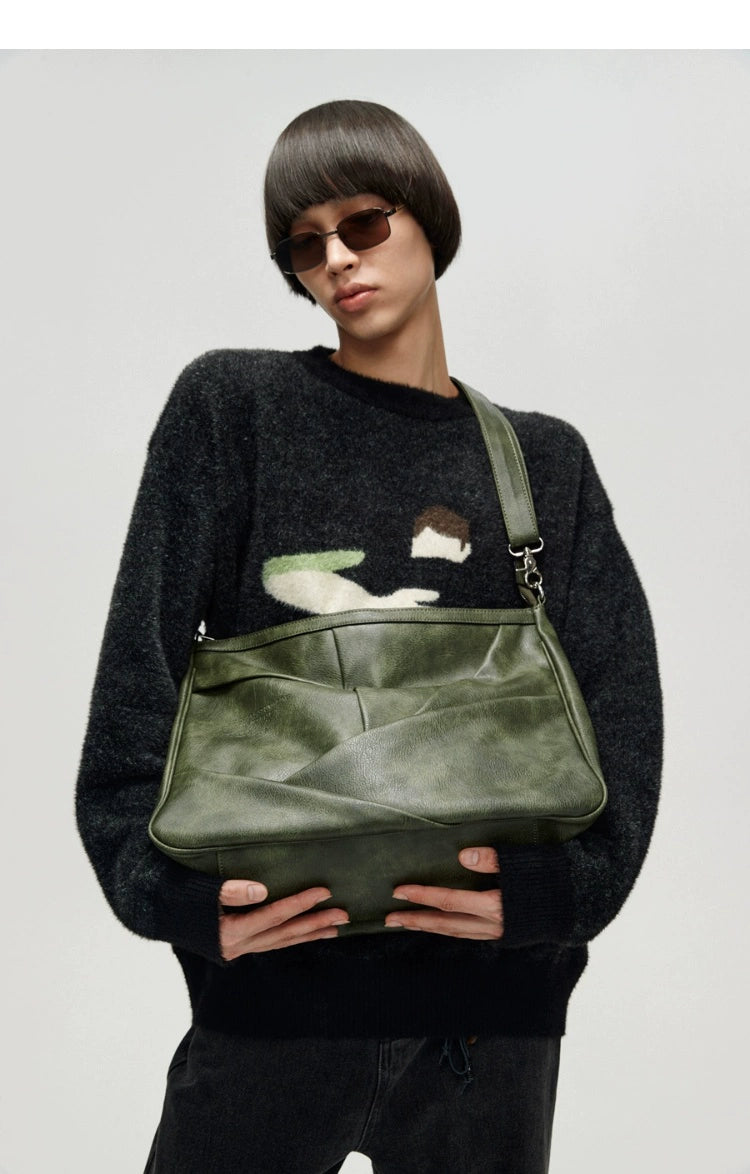 VINTAGE GREEN CRINKLED LEATHER SHOULDER BAG