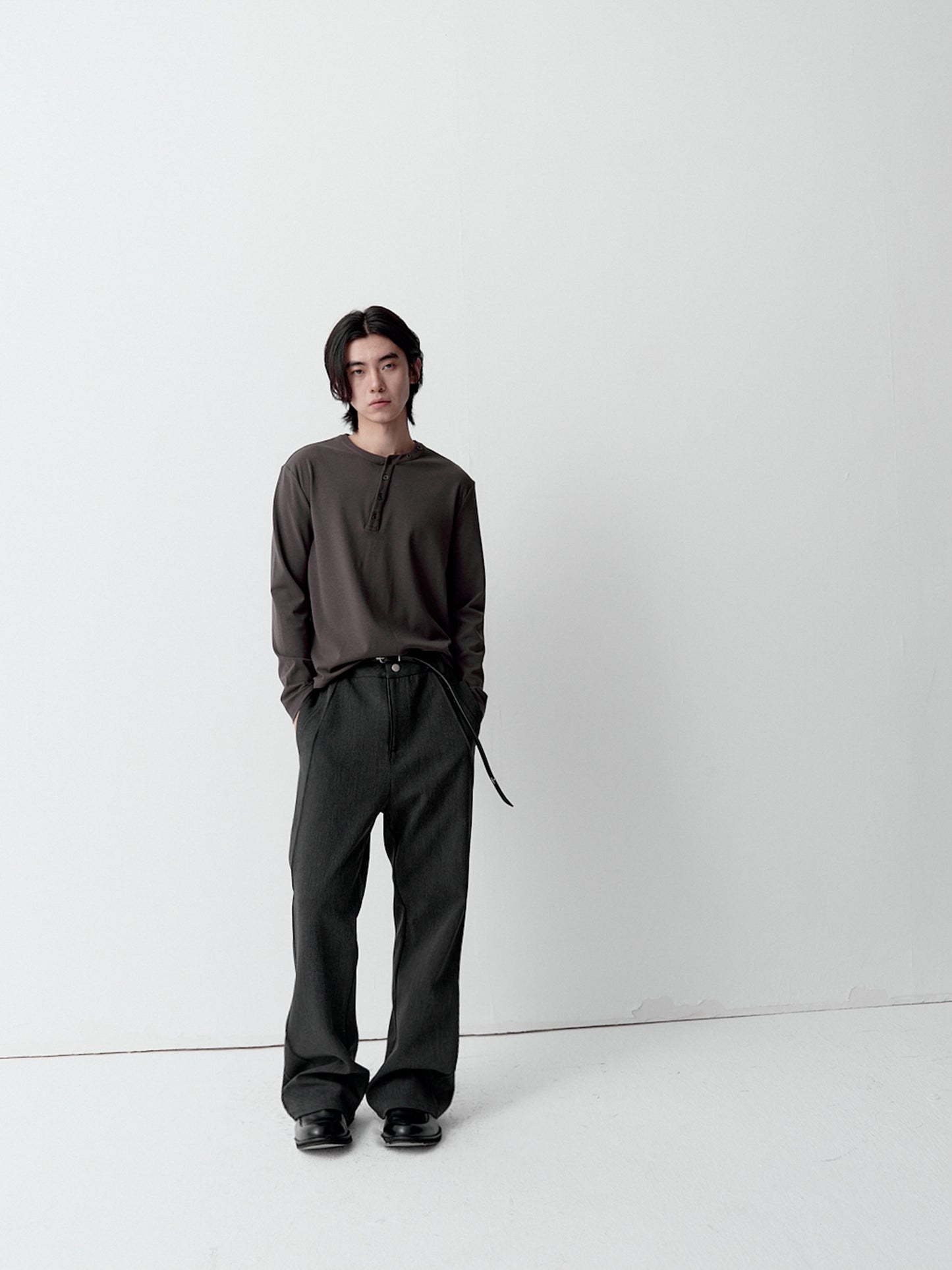 Henry collar asymmetrical long-sleeve T-shirt