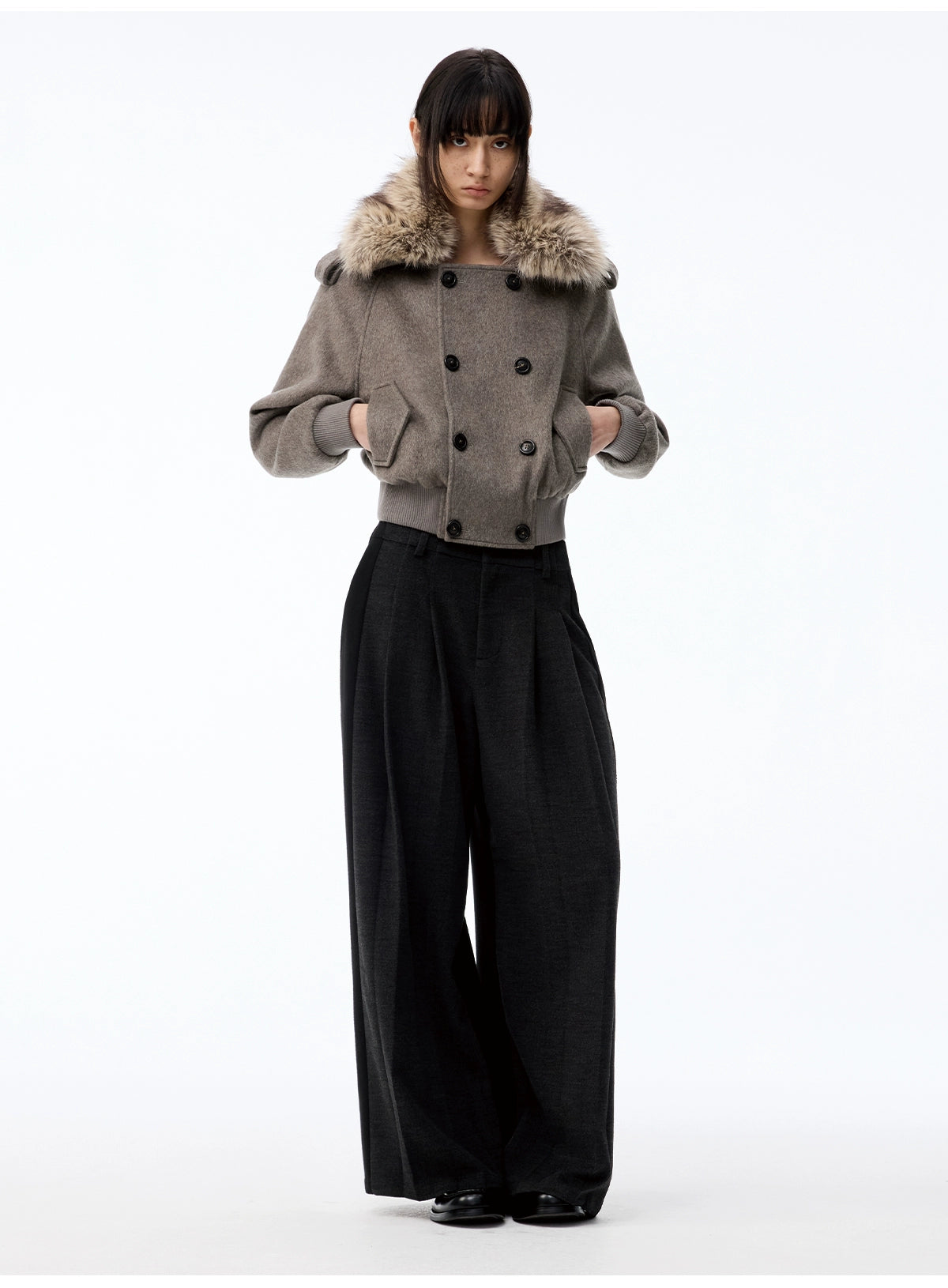 Detachable Fur Collar Double-breasted Cropped Tweed Jacket
