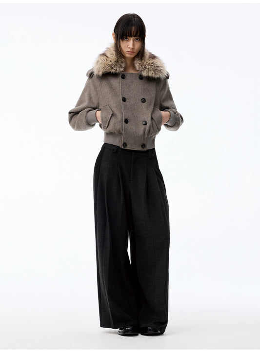 Detachable Fur Collar Double-breasted Cropped Tweed Jacket