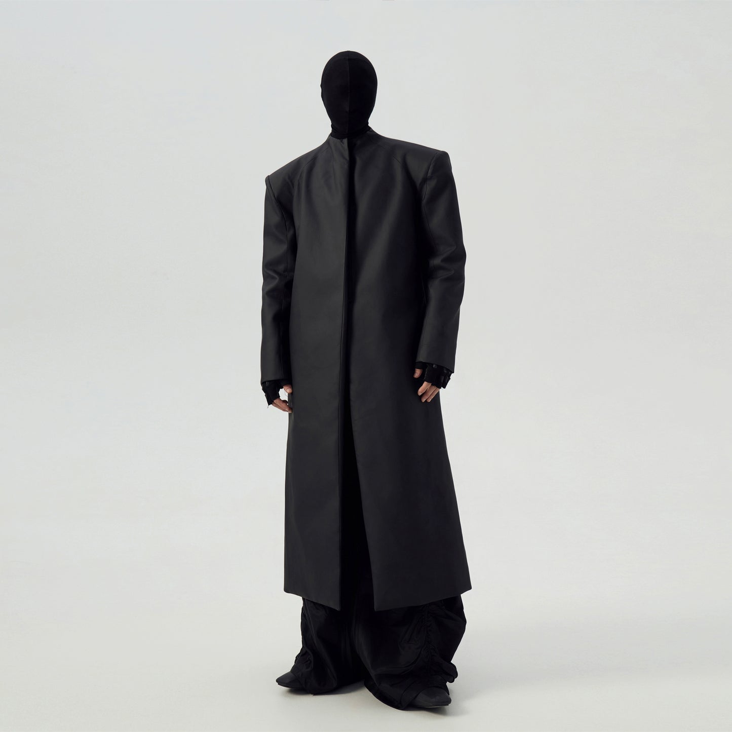 Matte Coated Padded Shoulder Long Trench Coat
