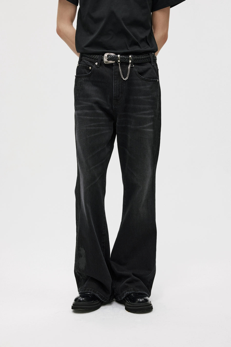 BLACK COATED BOOTCUT JEANS