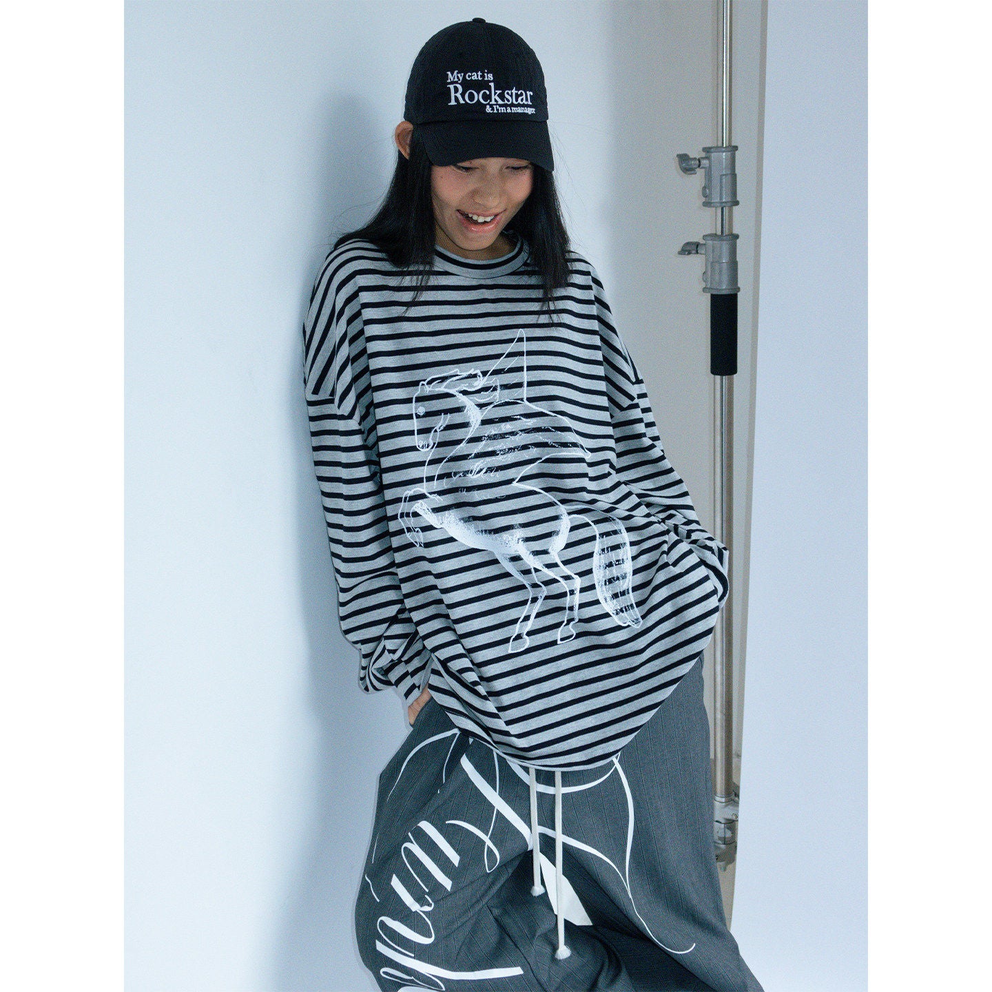 Pegasus print striped long-sleeved loose T-shirt