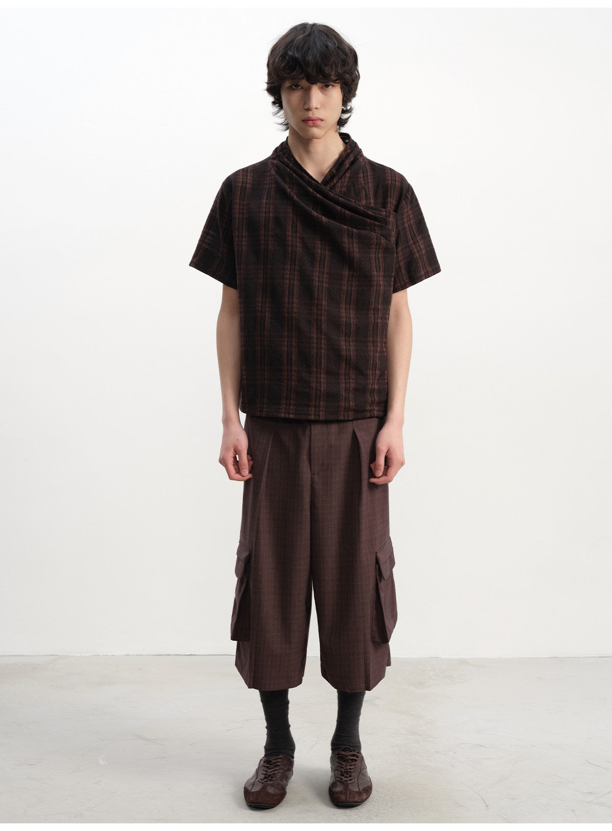 Pleated cross-neck plaid short sleeve t-shirts