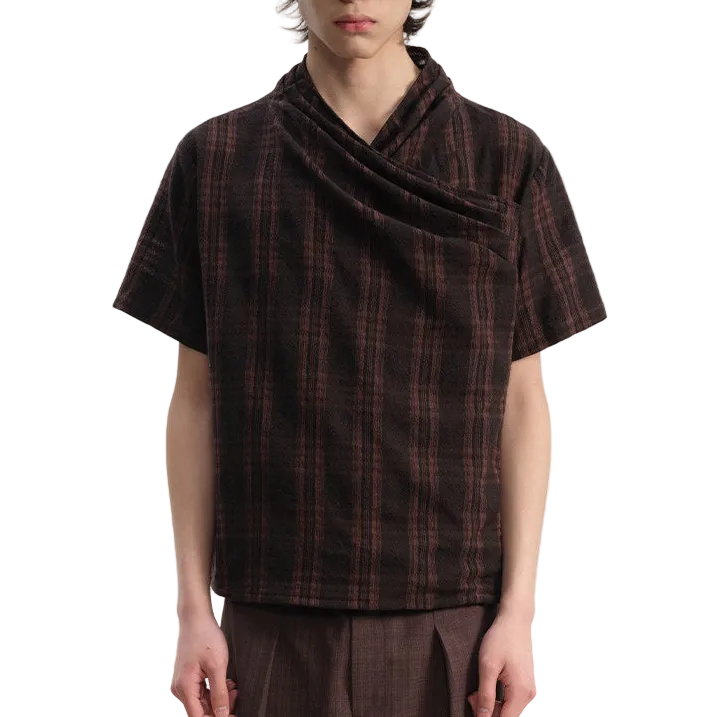 Pleated cross-neck plaid short sleeve t-shirts