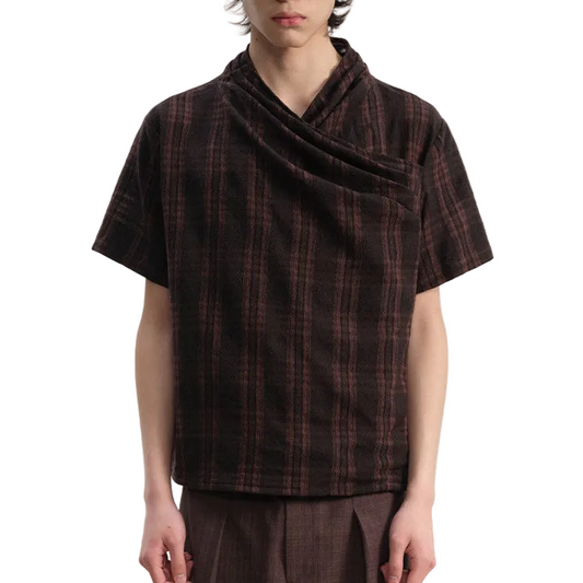 Pleated cross-neck plaid short sleeve t-shirts