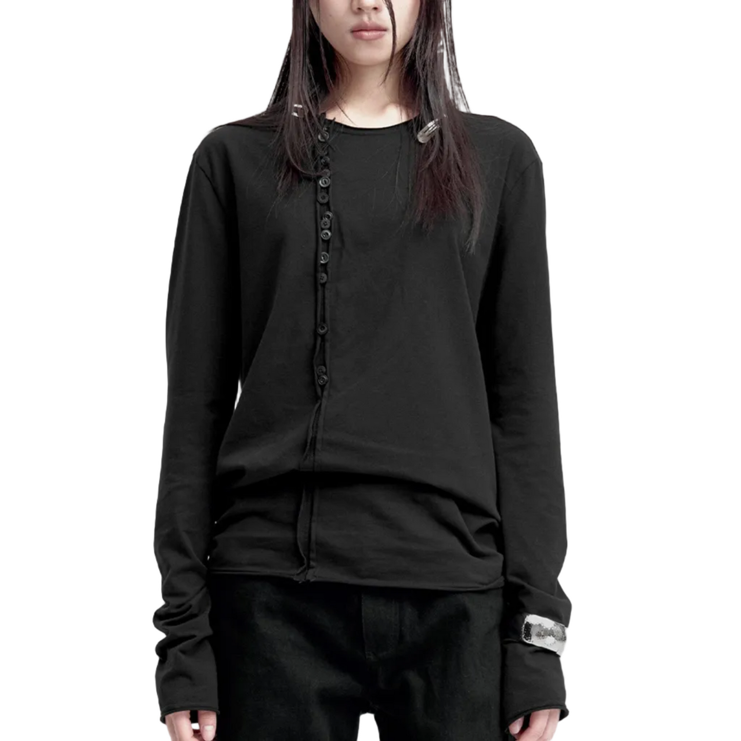Irregular buttons slim base layer T-shirt