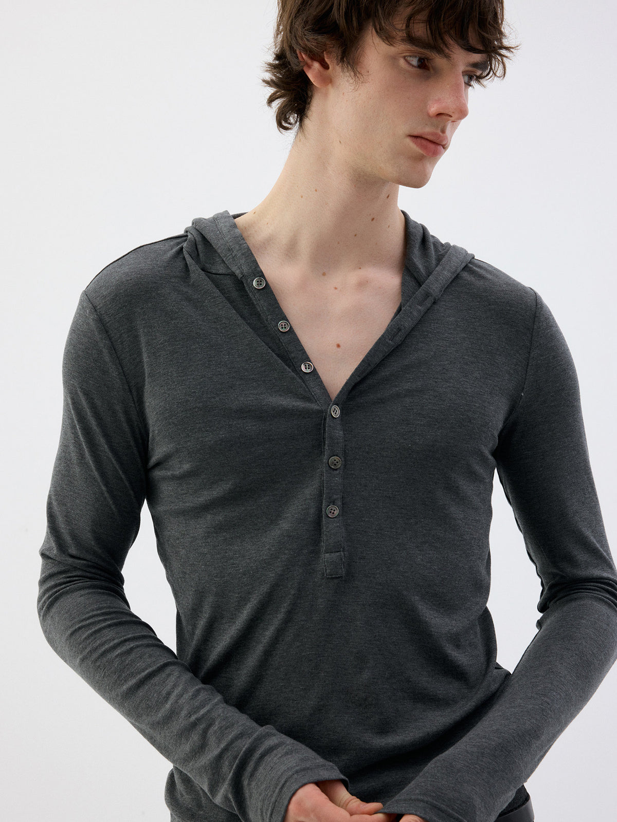 Hooded Henley Collar long-sleeve T-shirt