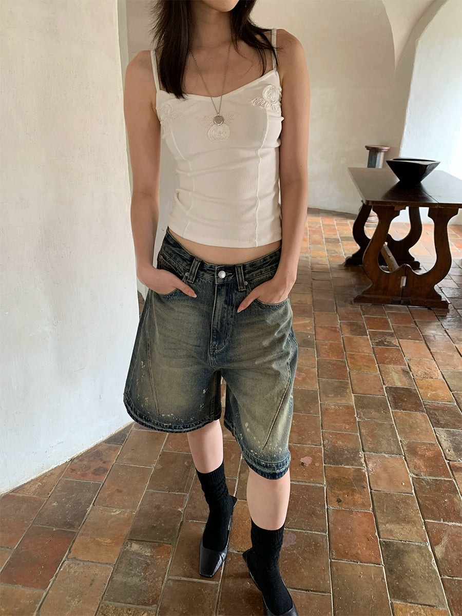 hand paint distressed denim shorts