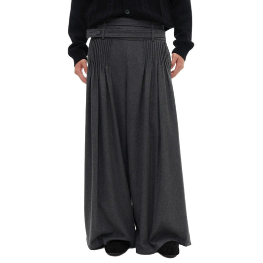 Double belt pleated wool trousers