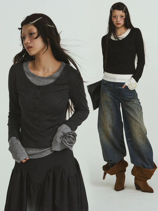 Rose cuff fake layered T-shirts