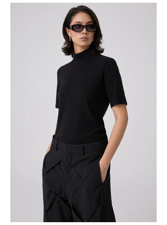 Slub knit slim turtleneck T-shirt